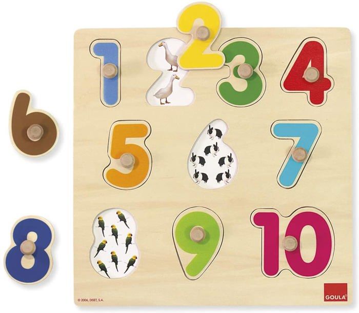 Puzzle en bois éducatif numéros - goula - animaux - 10 pièces - 24 mois et plus