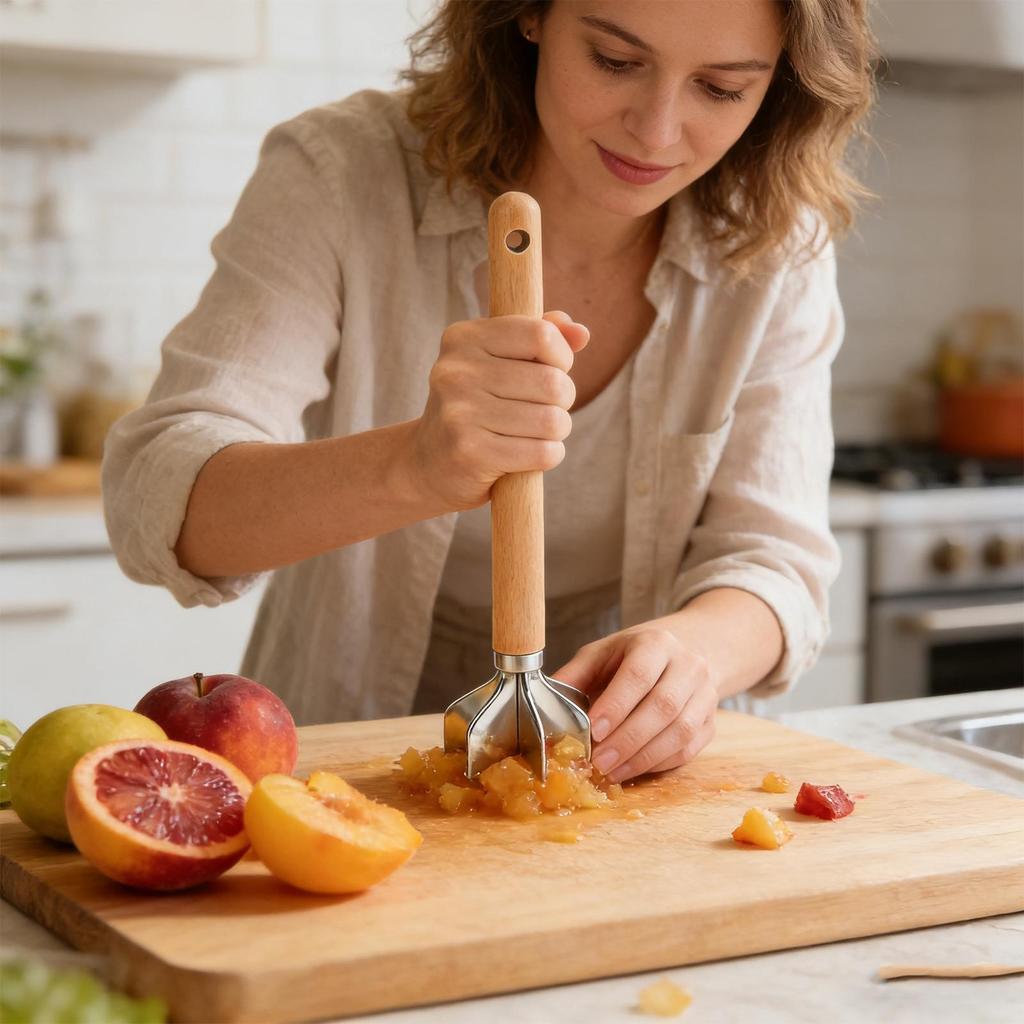 Meat Chopper with Wooden Handle & Non-Stick Coating Heavy Duty Food Masher for Potato Vegetable Beef Nut, Home Restaurant Use