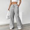 Yousheng Women Long Pants Elastic Waist Striped Design Straight Wide Leg Trousers with Pockets Relaxed Fit Leisure Pants