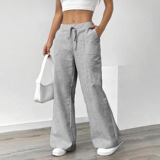 Yousheng Women Long Pants Elastic Waist Striped Design Straight Wide Leg Trousers with Pockets Relaxed Fit Leisure Pants