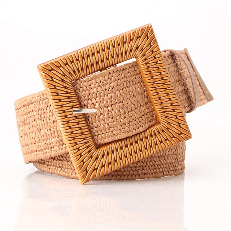 Women's Wide Round Buckle Elastic Belt - Cotton & Linen, Straw Style, Mori Girl Fashion.
