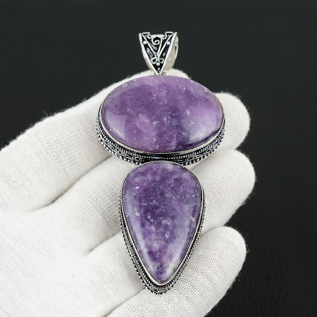 Lepidolite Gemstone Handmade 925 Sterling Silver Jewelry Pendant Double Stone Antique Pendant Natural Lepidolite Gemstone Pendant For Gifts