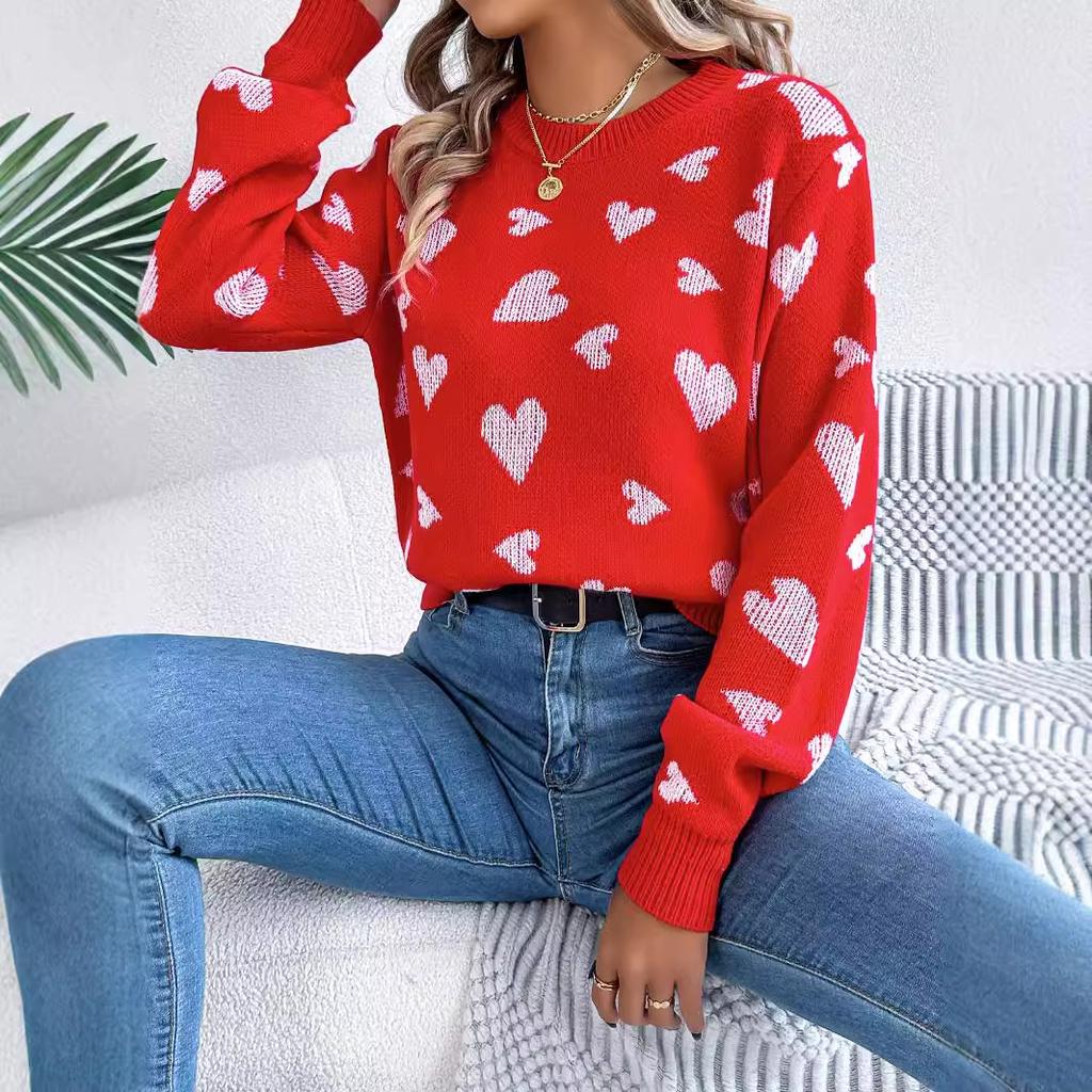 GMXIA Autumn and Winter Casual Color-blocking Heart-shaped Lantern Sleeve Pullover Sweater for Valentine's Day Women's Wear