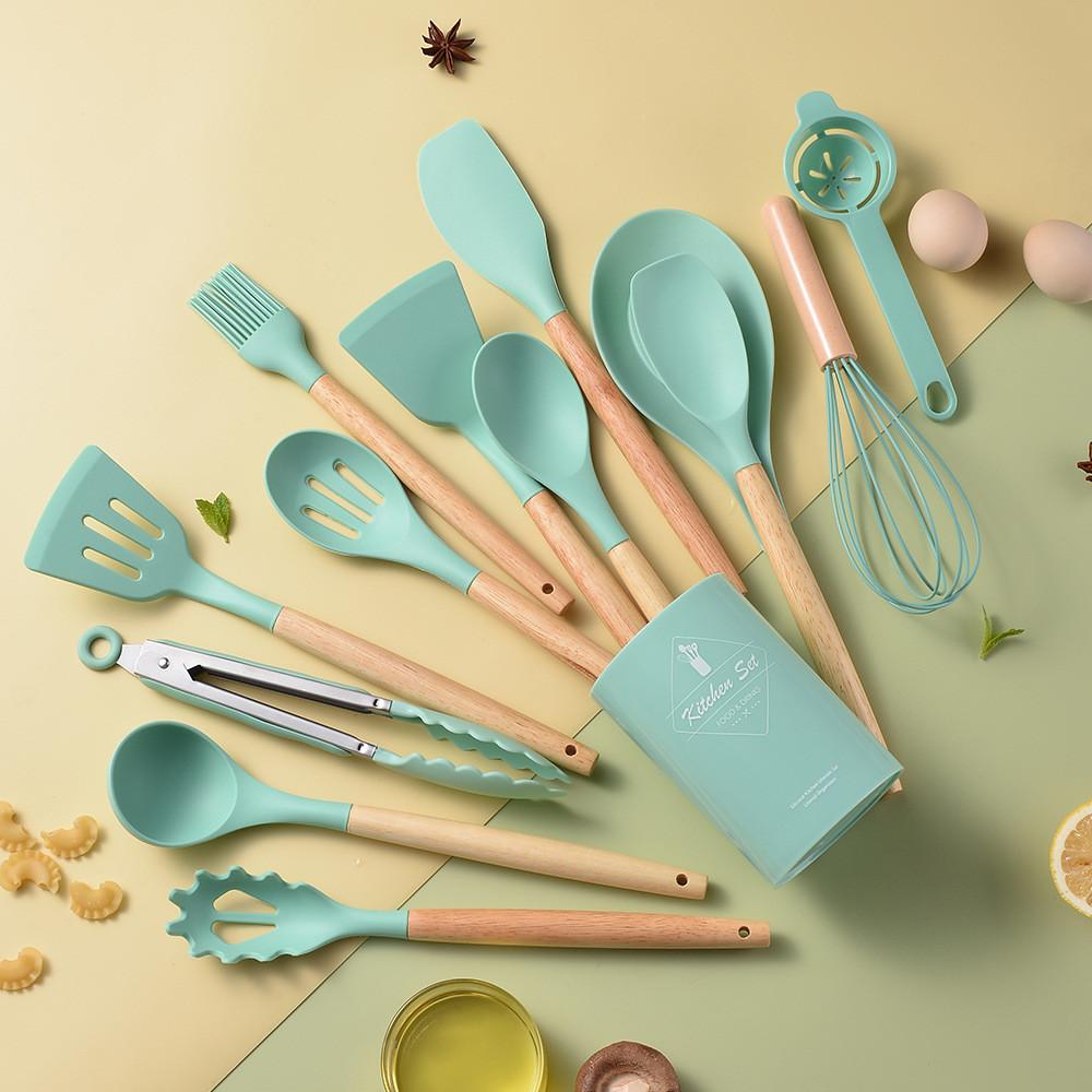 Silicone Kitchen Utensil Set With Wooden Handles For Nonstick Cookware And Heat Resistance