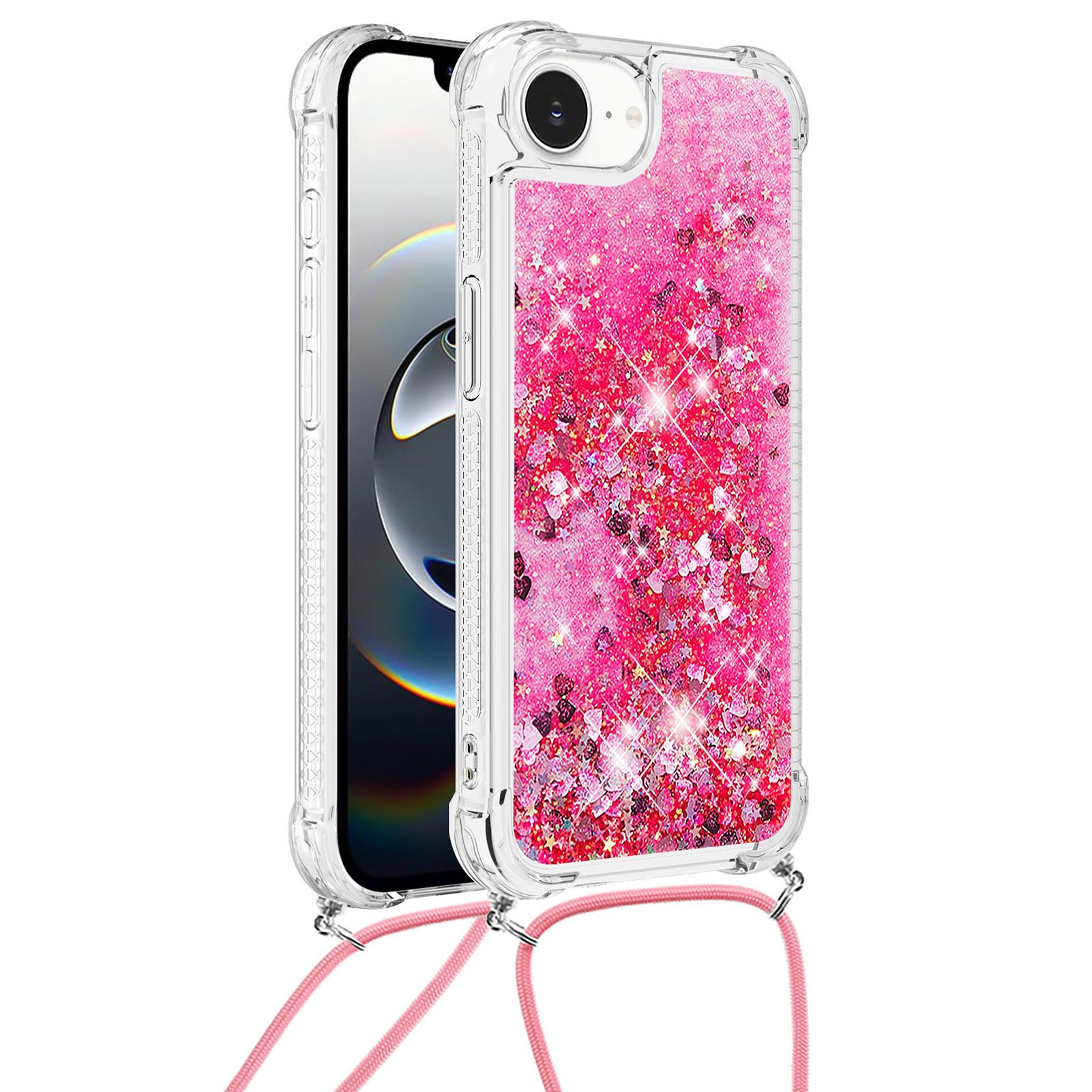 

For iPhone 16e TPU Case Quicksand Design Phone Cover with Lanyard Pink/Hearts