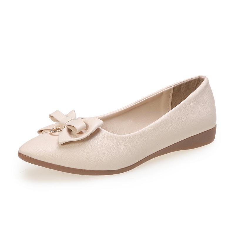

Flat-soled single shoes women s spring and summer new pointed head bow rhinestone shallow mouth single shoes casual soft-soled work shoes 40 бежевий