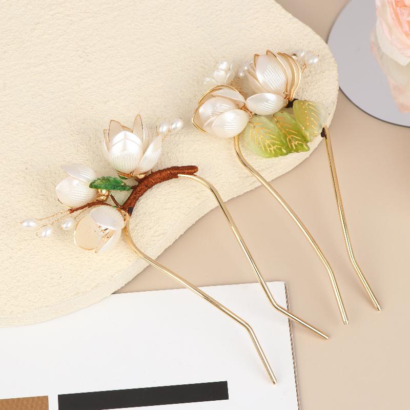 U Shape Jade Orchid Hairpin For Women Vintage Chinese Style Wrapping Flower Hairpin Handmade Metal Jewelry Hair Accessory