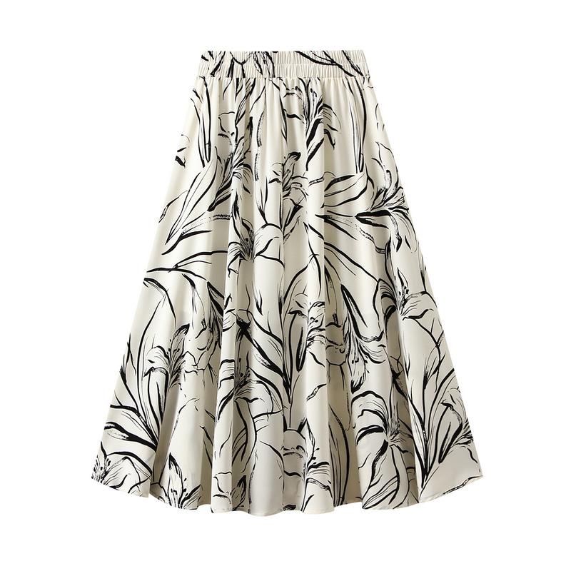 Women's Boho Midi Skirt A-Line Ruffle Elastic High Waist Casual Summer Pleated Flowy Floral Print Skirts Flared Below The Knee Skirts for Women