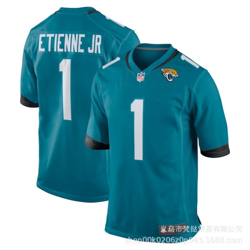 Mens NFL Jacksonville Jaguars Travis Etienne Jr 1 Green White Jersey Short Sleeve V-Neck Cotton Blend Athletic Shirt Rugby
