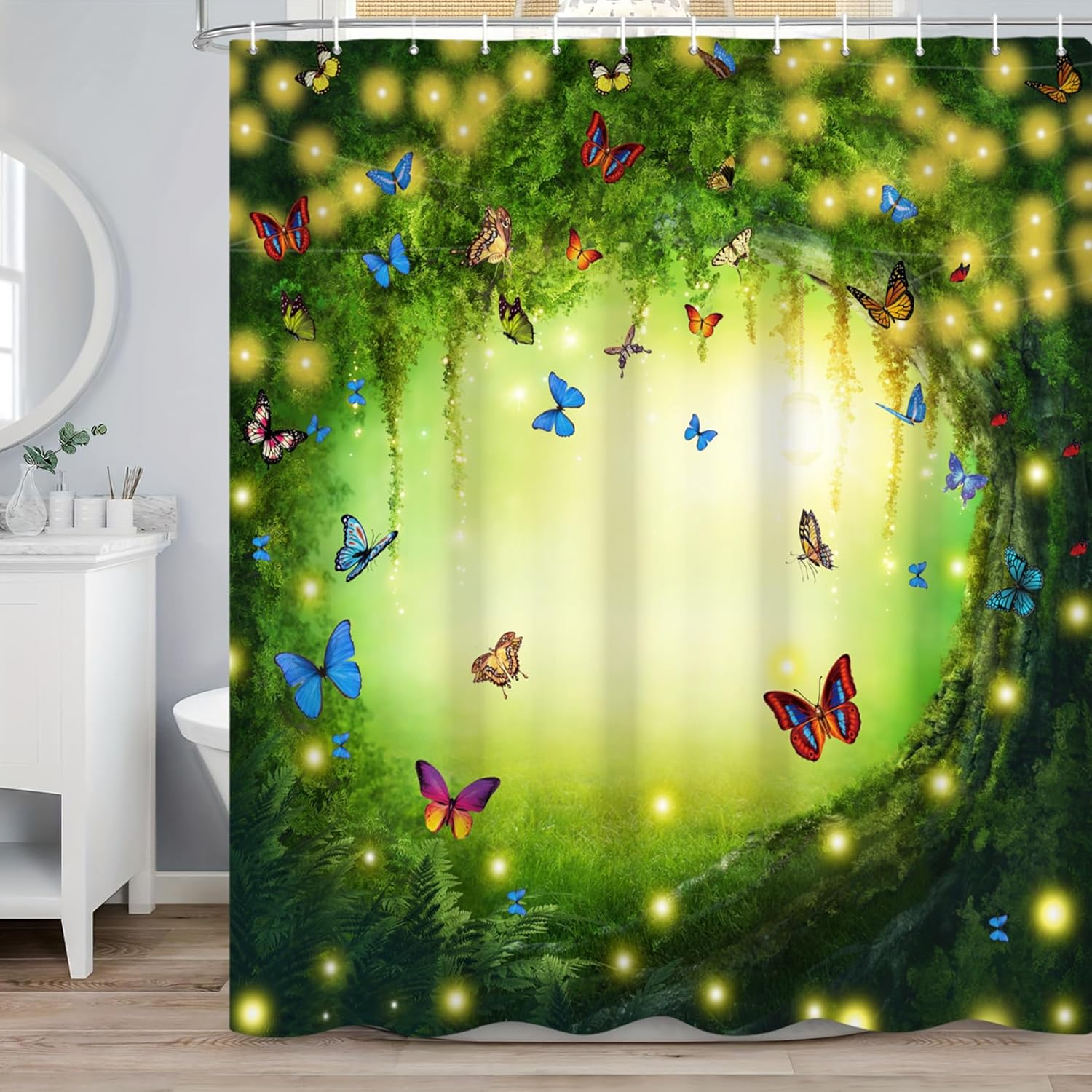 Renaiss 72x72 Inches Enchanted Forest Shower Curtain Magic Green Forest Tree Butterflies Meadow Tropical Jungle Fairy Tales Wond 90x180cm