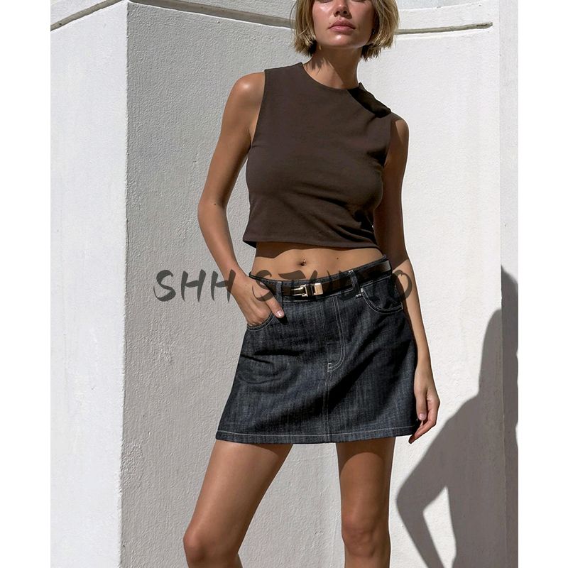 Spring and Summer New Women's Clothing American Casual Style Easiest for Match round Neck Sleeveless Cotton Short Tops 2335353