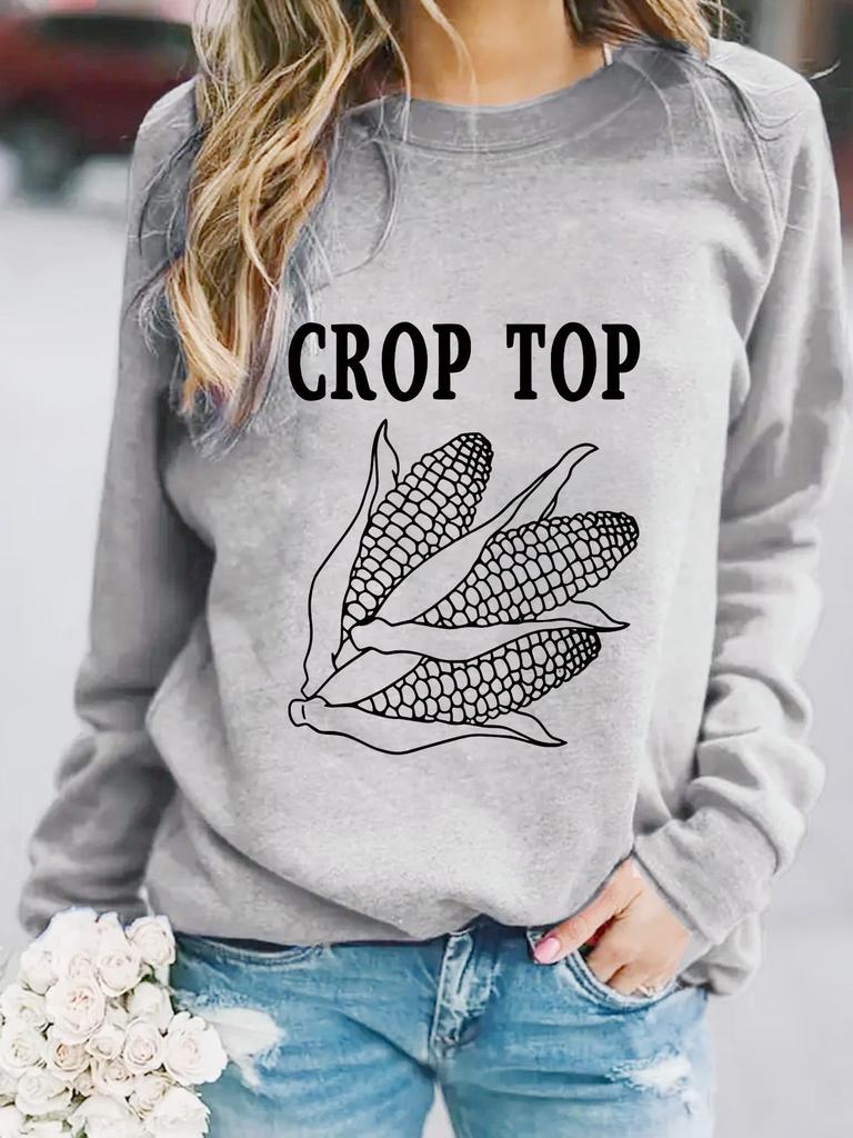 Autumn/Winter Women's Casual Long-Sleeve Corn Print Crop Sweatshirt