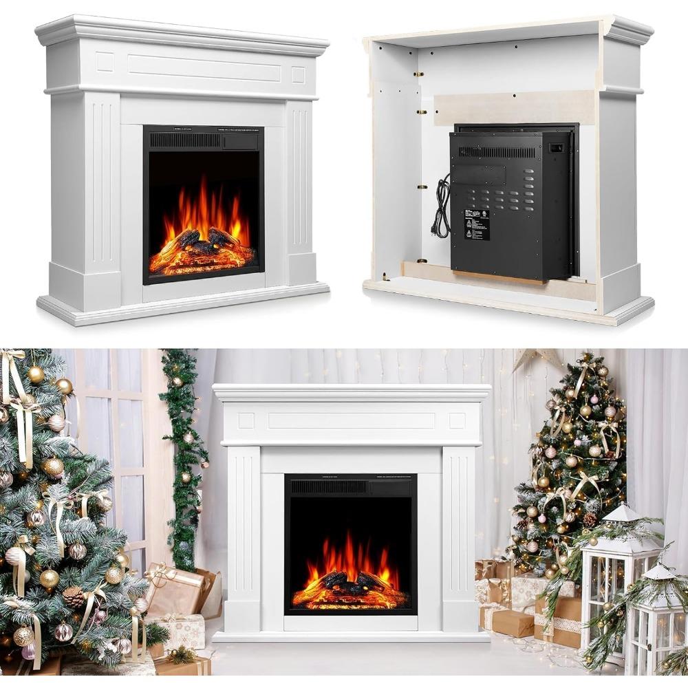 43 Inch Fireplace TV Stand with Mantel - Electric Fireplace Heater, Wooden Entertainment Center, Adjustable LED Flame, Freestand