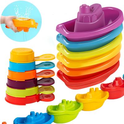 Non-Toxic Baby Bath Toys Stacking Boat & Spoons Toys Early Education Intelligence Gift Rainbow Color Stacked Cup Folding Tower Baby Toy