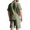 Summer Linen Suit Men's Striped Jacquard Loose Short Sleeve Shirt Beach Shorts Two-piece Set