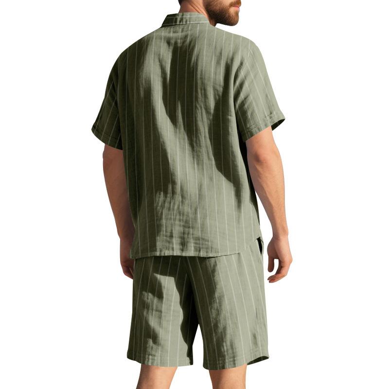 Summer Linen Suit Men's Striped Jacquard Loose Short Sleeve Shirt Beach Shorts Two-piece Set