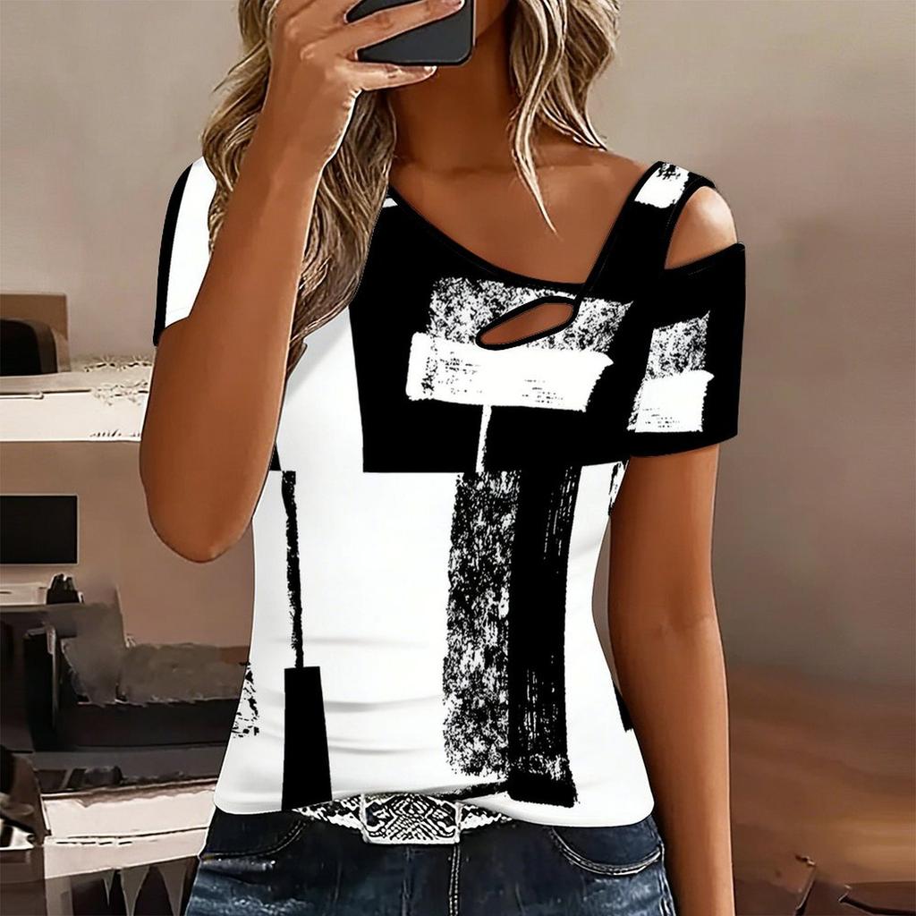 Women Geometric Pattern Print Cold Shoulder Short Sleeve T Shirt Irregular Cutout Neck Casual Summer Blouse Top