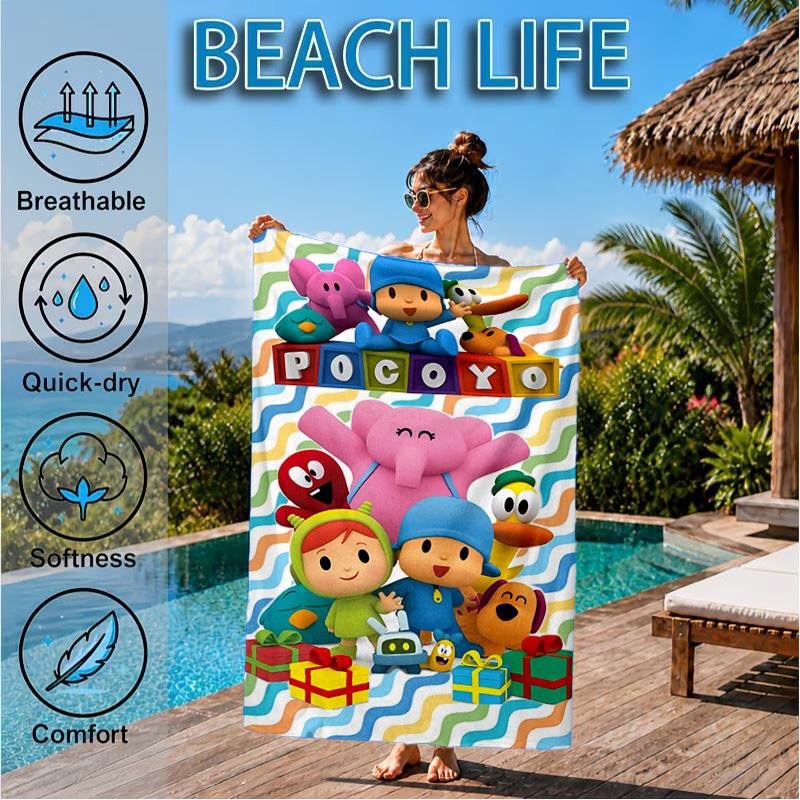 Pocoyo's Colorful Adventure Beach Towel, Quick-drying, Easy to Care for, Suitable for Both Fitness and Beach Vacations,Sports Essential