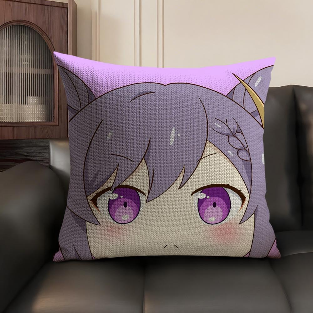 Keqing Cute Genshin Impact Cushion Cover Natural Linen Organic Fabric DoubleSided Printing Sofa Home Decor Gift Pillow Case