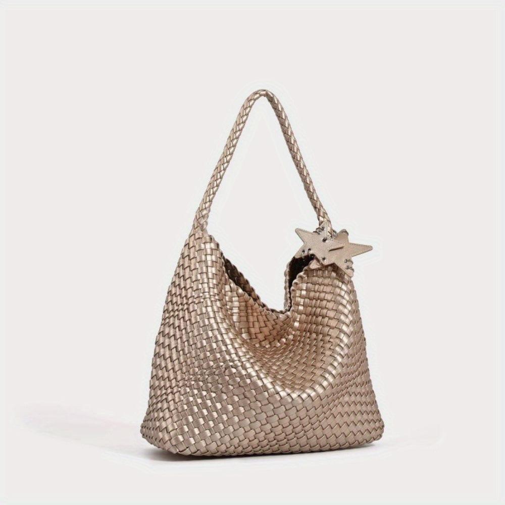 1 Stuk Champagne Super Vuur Geweven Tote Tas Dames Grote Capaciteit Grote Tas High-End Gevoel Draagbare Schouder Emmer Tas