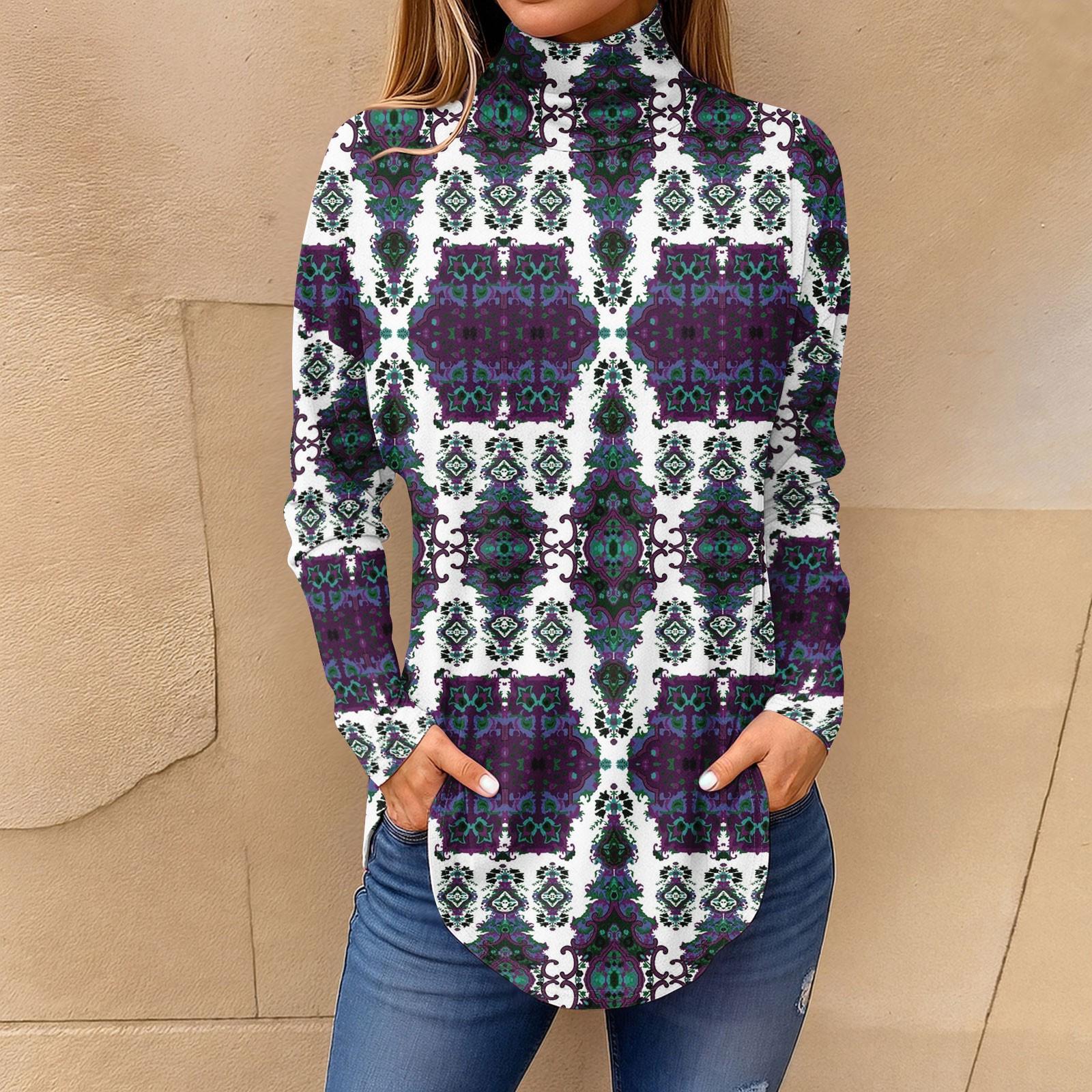 

Футболки для женщин, осенние повседневные рубашки с длинными рукавами, толстовка с винтажным принтом, топ с высоким воротом, пуловер S