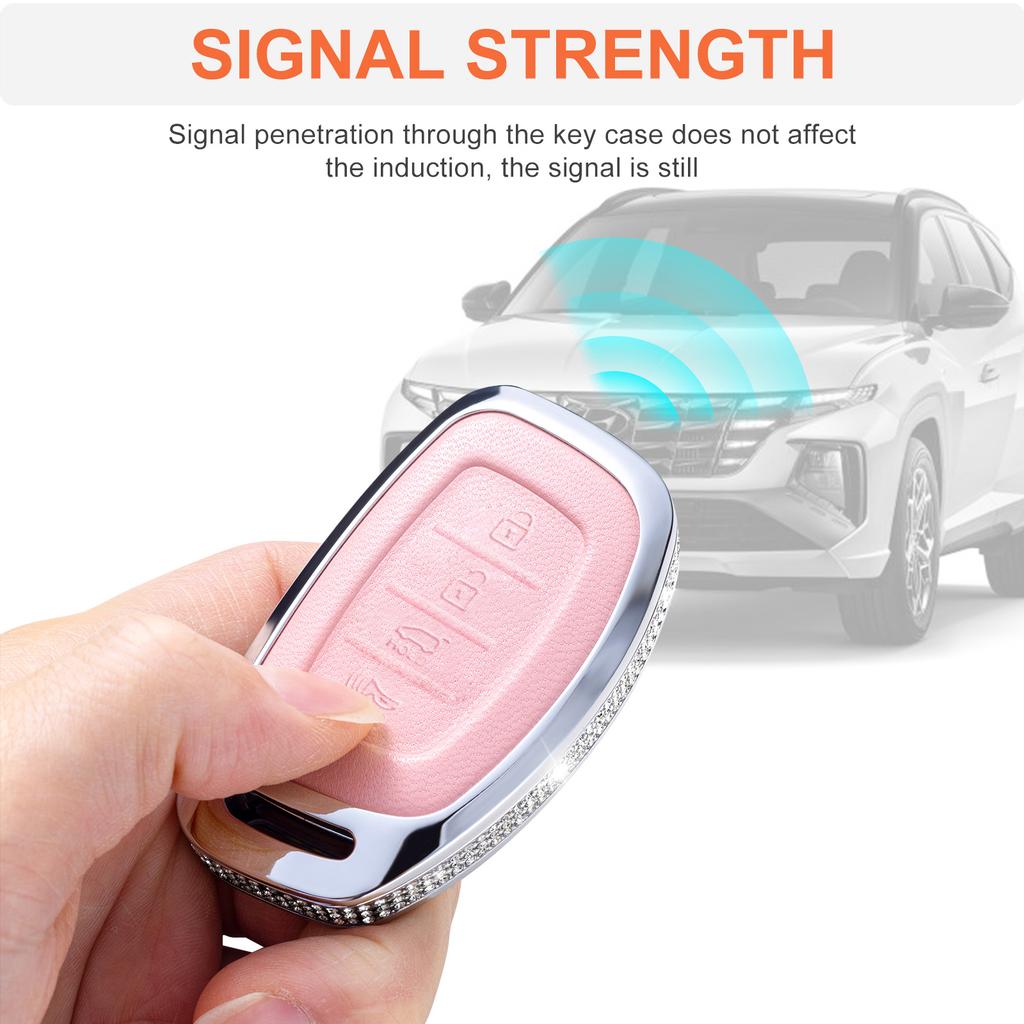 For Hyundai Key Fob Cover with Keychain, Pink Leather Key Case Protection Shell Fit for Hyundai Elantra Ioniq Sonata Tucson Elan