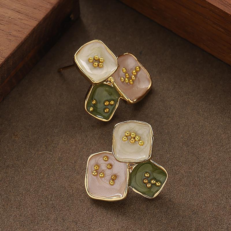 Mori Sweet Exquisite Pastoral Enamel Drip Glaze Smudged Geometric Stud Earrings Temperament Simple Advanced Sense Personalized Earrings