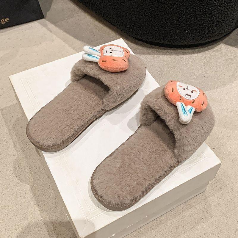 Home indoor one-word open-toed slippers women 2025 autumn and winter cute cartoon plush girl heart cotton slippers women