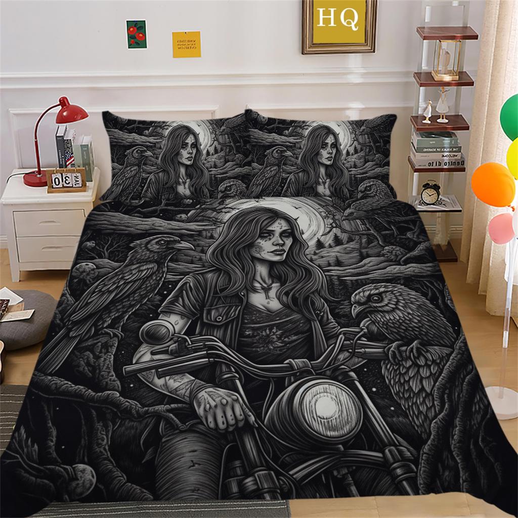 3D Dark Beauty Motorcycle Printed Bedding Set Beauty Skull Head Duvet Cover 2/3 Pieces AU180 * 210 Super Big Bed Room Quick Drying Home Decoration