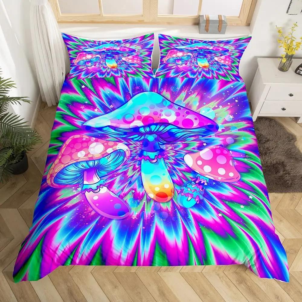 Blue Purple Beding Mushrom Soft Duvet Cover Set Fantasy Galaxy Sky Mushrom Design Psychedelic Young Boys Young Girls Gifts Bedrom Decoration