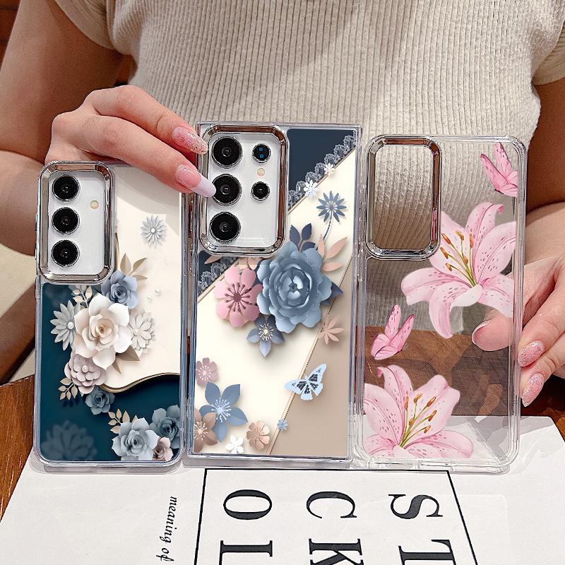 Romantic Rose Flower Pattern Case For Samsung S26 S25 Ultra S24 FE S23 Plus S22 S21 A15 A16 A17 A35 A36 A37 A54 A55 A56 A57 5G Plating Lens Soft Cover