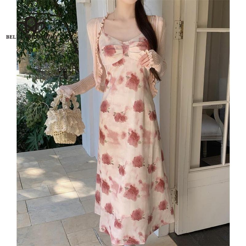 Stil coreean de vară Stil blând Lady Sling Slăbire Rochie imprimată tricotat Culoare uni Cardigan cu mânecă lungă Costum din două piese