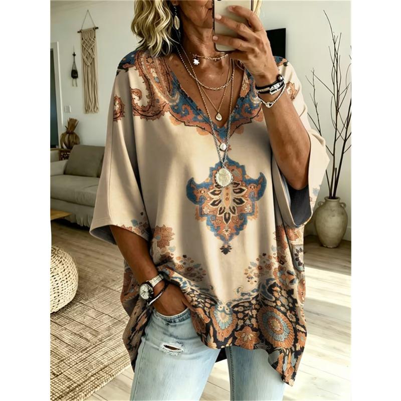 T-shirt da Donna Taglie Forti Scollo a V Maniche a Pipistrello Stampa Etnica Boemia Top Largo Estivo Comodo Traspirante Quotidiano Casual Stile Modellante