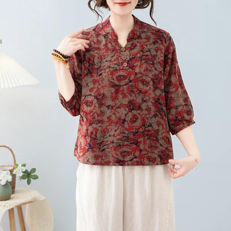 T-shirt d'été décontracté pour femme à manches 3/4 amples en coton et lin