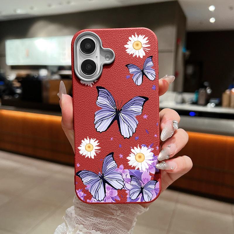 Butterflies Flowers Phone Case For iPhone 16 15 Pro Max 16e 15 14 Plus 13 12 Pro Max 11 Shockproof Leather Texture Soft Colourful Cover