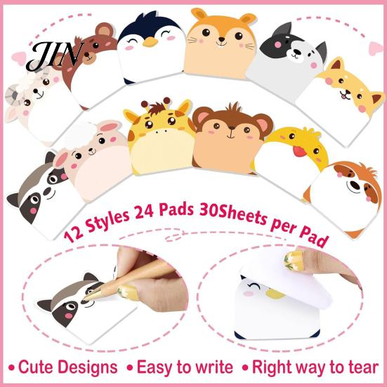 Paper Memo Pads 12Pcs/Set Cartoon Animal Self-Stick Note, 30 Sheets/Pad Self-adhesive Note Pad, Cat Pattern Notes Super Sticking Power Post