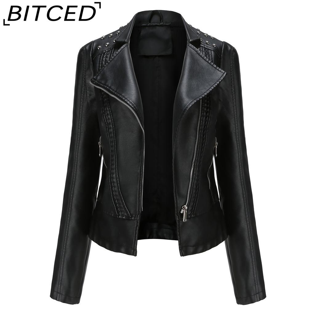 BITCED Spring/Autumn Women's Leather Jacket Slim-Fit Lightweight Short Jacket Biker Jacket