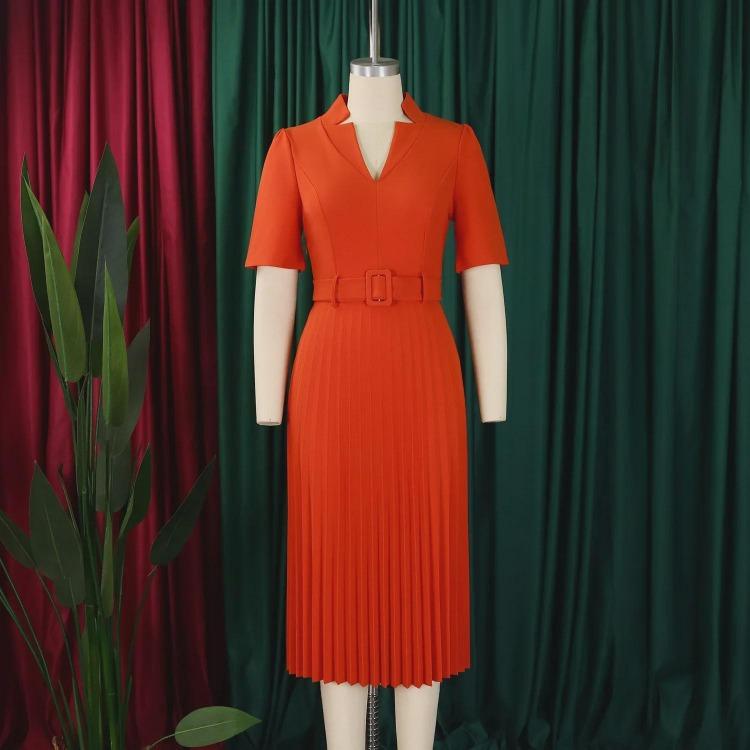 Women Summer Pleated High Waist V Neck Dress