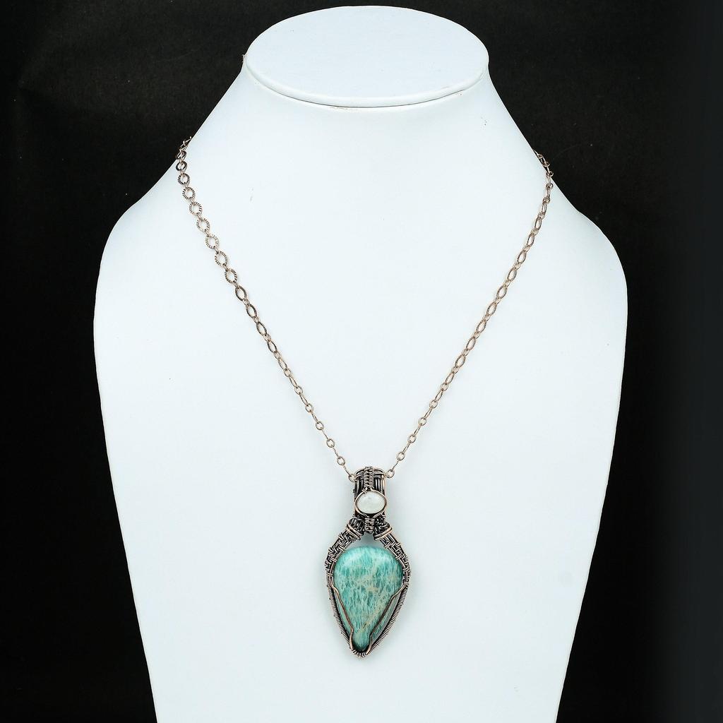 Amazonite Gemstone Copper Wire Wrapped Pendant Rainbow Moonstone Jewelry Copper Wire Jewelry Handmade Jewelry Designer Pendant Gift For Her