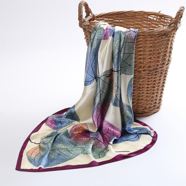 [BYSIFA] New Spring Silk Scarf Shawl Fashion Accessorries Muslim Women Head Scarf 90*90cm Elegant Leaves Pattern Square Scarves