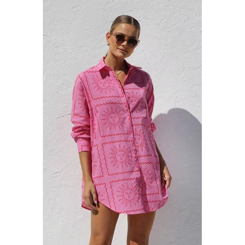 

Cardigan Dress2025 European and American Autumn Women clothes Print Fashion Loose Casual Cardigan Lapel Dress Pink S