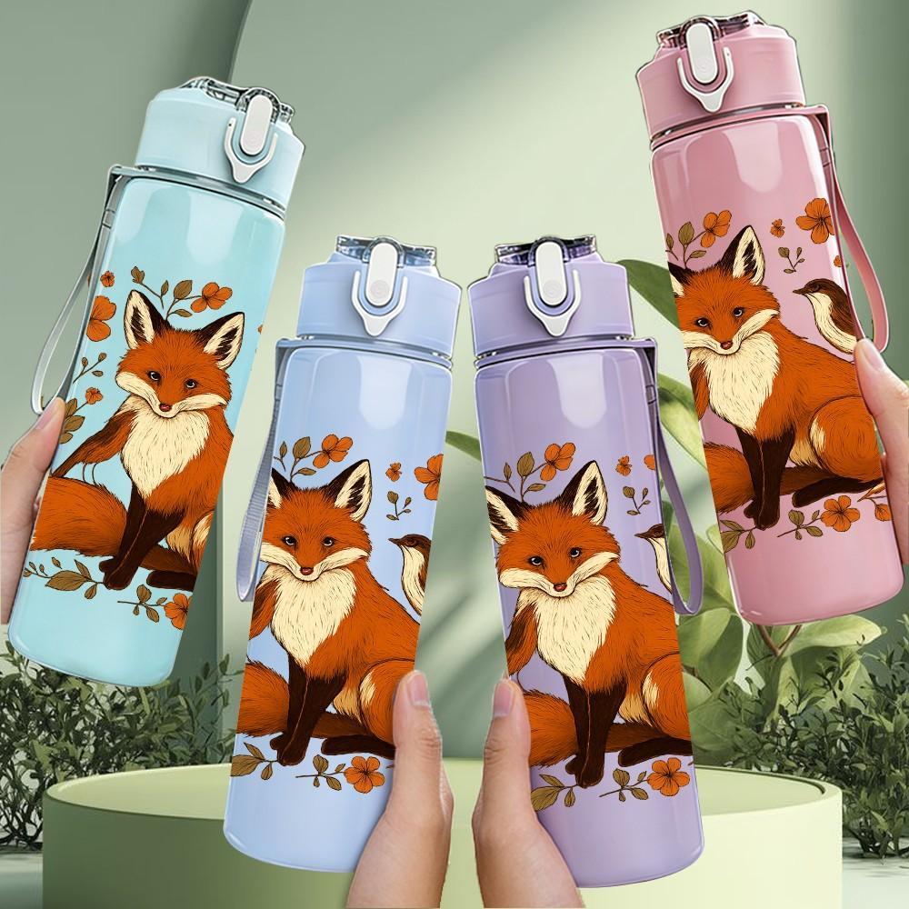 1PC Autumn Floral Fox Illustration 750ml Color Plastic Sports Water Bottle Leakproof Flip Straw Lid Suitable for Sports Office Home Use
