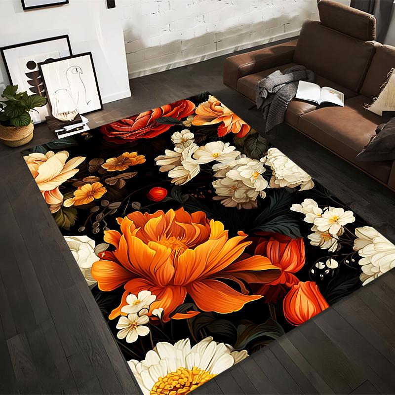 Floral Elegance In Orange and Cream Non-slip Rug Suitable for Living Room and Bedroom Sofas