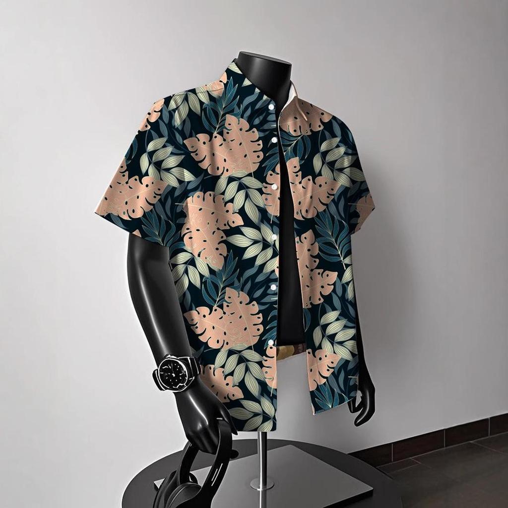 Men's Vintage Hong Kong-Style Hawaiian Floral Short-Sleeve Shirt: Trendy Summer Beachwear for Couples