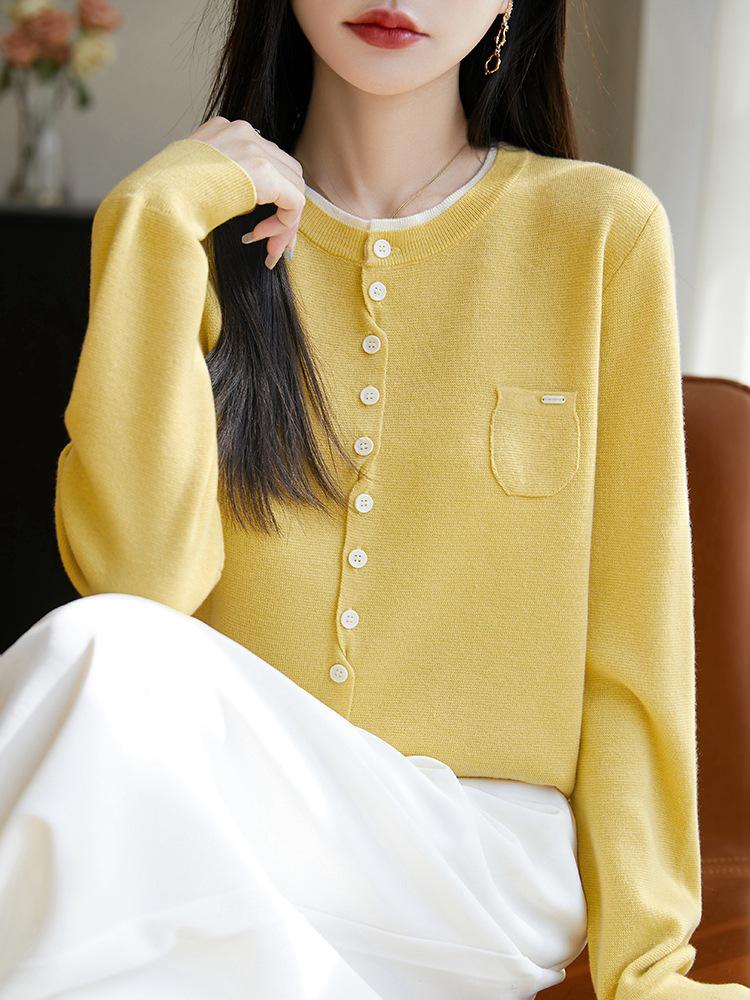 2025 Silk Wool Color Block Buttoned Cardigan with Pockets for Women