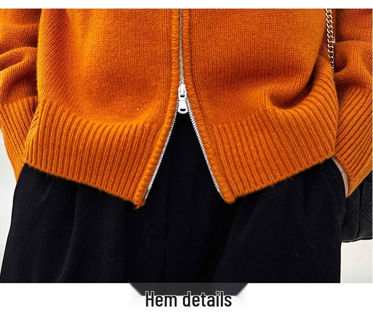 Women's Round Neck Double Zipper Thick Knit Cardigan Sweater, Loose Fit, Japanese Korean Casual Style