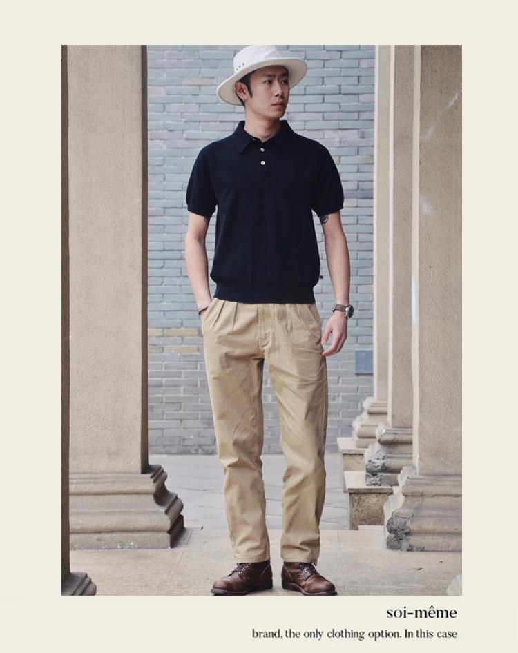 Men's Italian Khaki Knitted Polo Shirt - American Retro Short-Sleeved Cotton Tee for Summer
