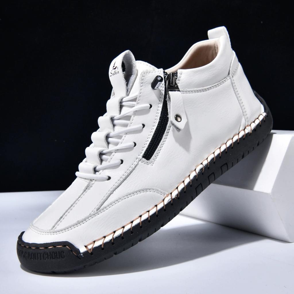 New Classic Handmade Leather Men Shoes Zipper Design Outdoor Sneakers Slip On Casual Shoes Leather Breathable Men Ankle Boots