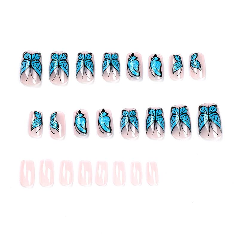 Wear nail art glitter blue butterfly nail piece fake nail removable finger press on nails
