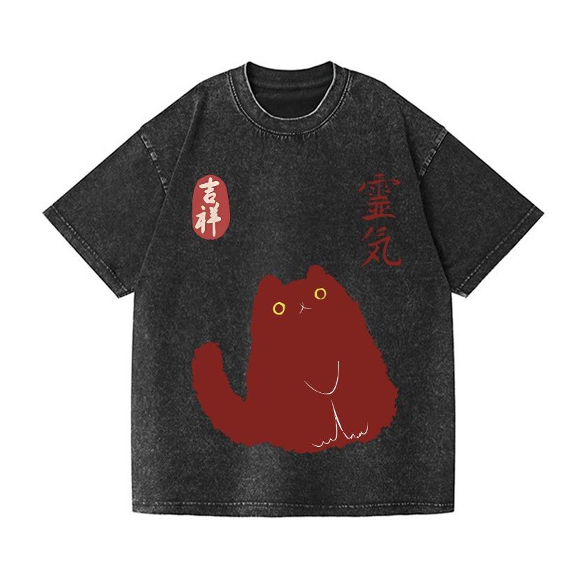 Vintage Lucky Black Cat Japanese Design Wash T-Shirt Fashion Pure Cotton Harajuku Tees Oversized Holiday Kpop Korean Style